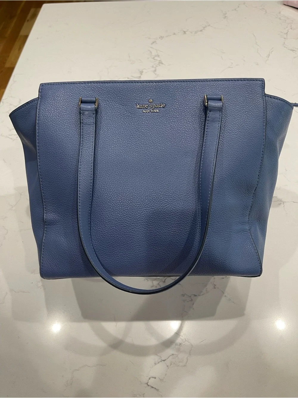 kate spade navy pebbled leather tote with gold logo